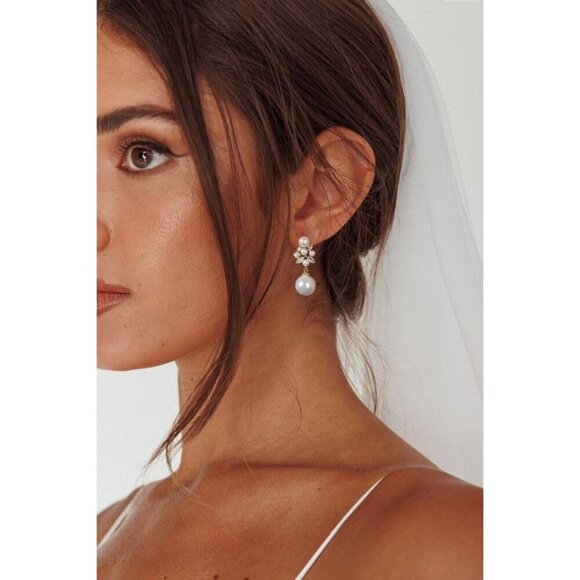 Pearl Drop Dangle Earrings for Women CZ Bridal Wedding Prom Jewelry for Brides - Picture 2 of 7